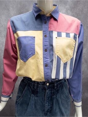 Vintage 90s Gitano Pastel Colorblock Striped Cotton Button Up Shirt Medium